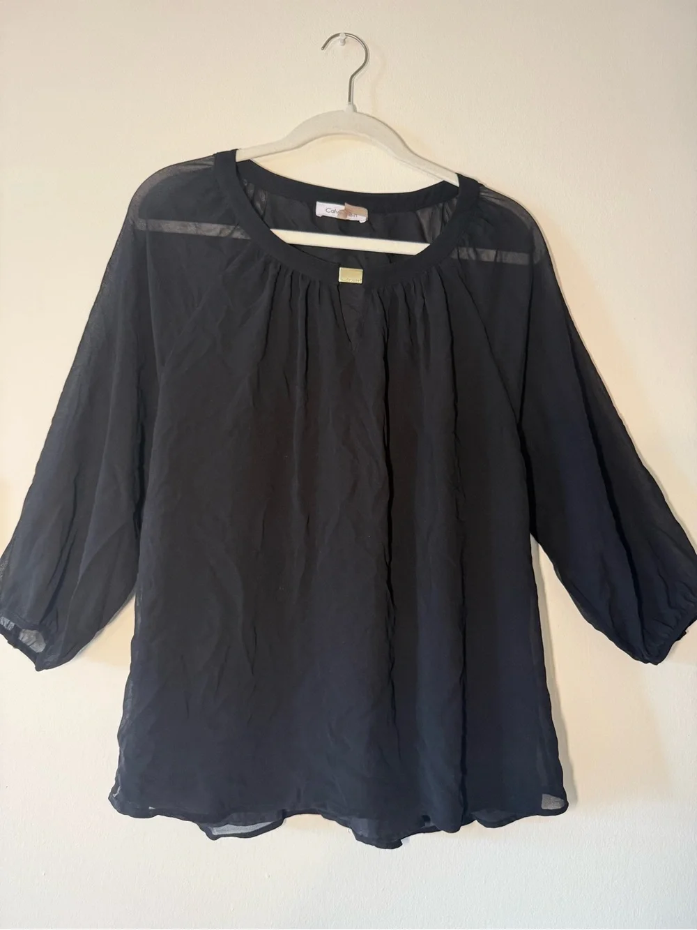 Calvin Klein Black Sheer Gathered Neck Blouse